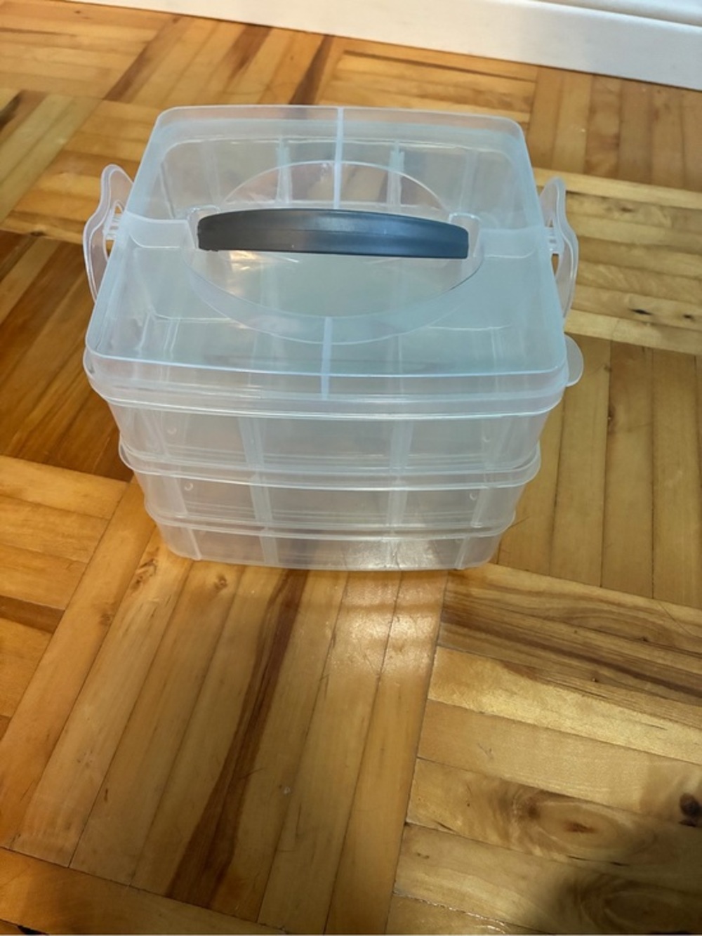 Stackable Clear Plastic Storage Organizer with Gray Handle